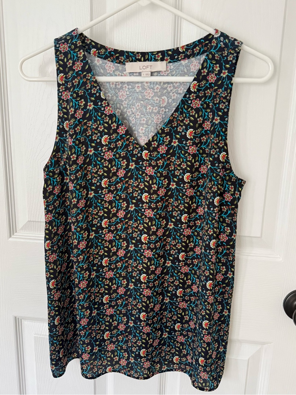 LOFT Navy Floral V-Neck Top with Red and Teal Accents